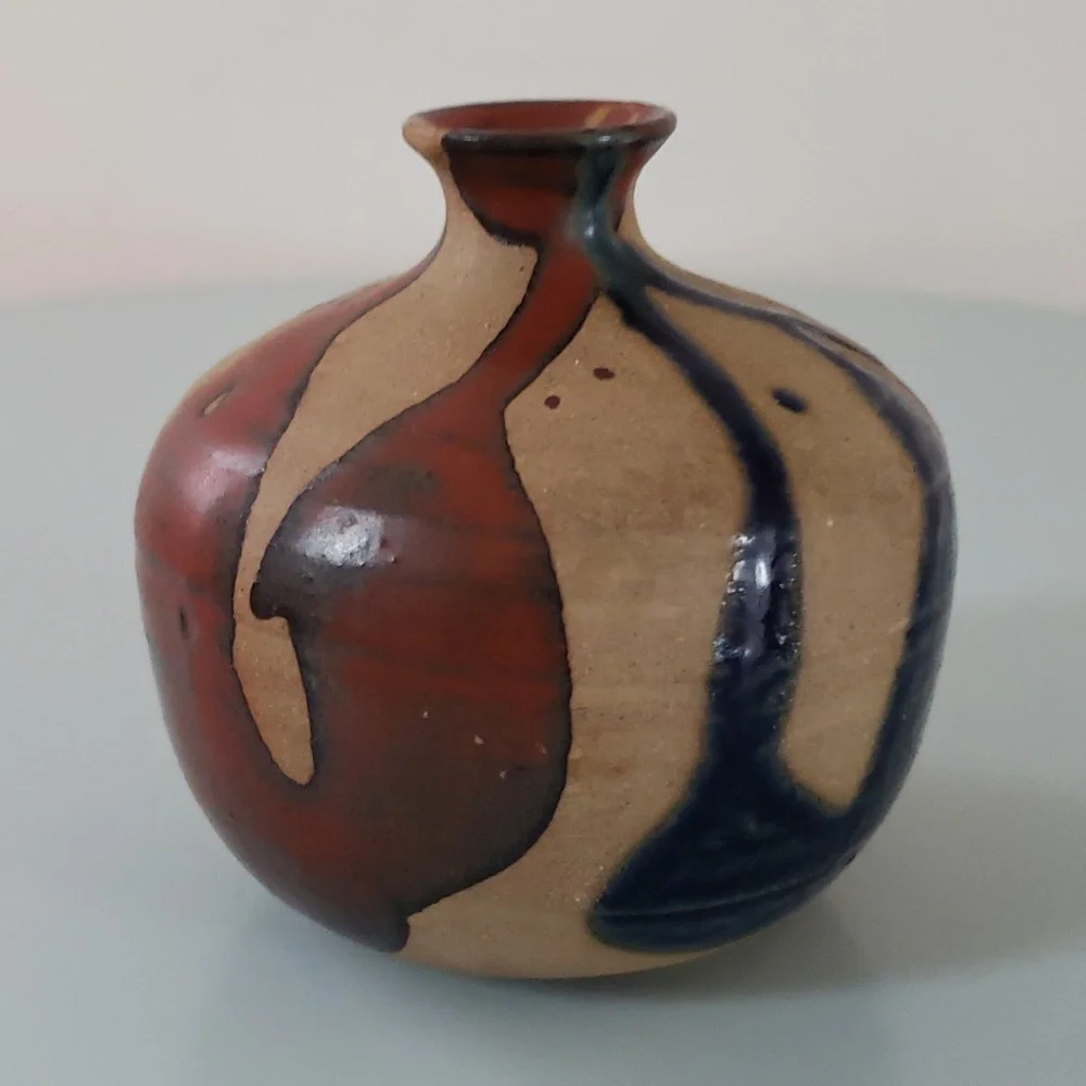 Vintage Vase MCM OMC Japan Pottery mini Glazed Stripes in Tan Brown Blue